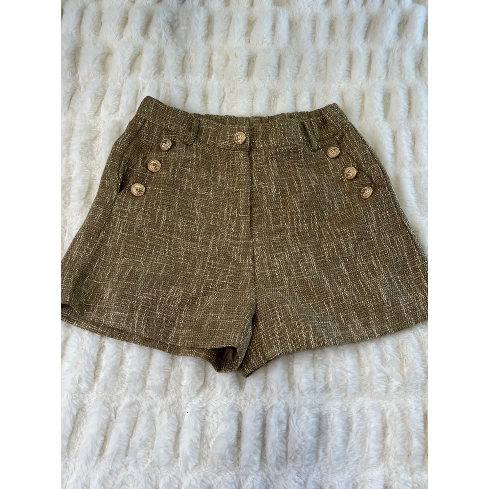Brown Tweed High Waisted Sailor Shorts Gold Crest Button M1H684 Medium